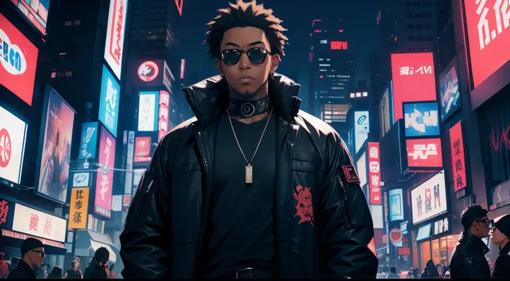 There are Japan people and two black people.,Low Angle Cyberpunk,animesque,Male number,newyork,manhattan,Fifth Avenue,Black clothe,Hikaru Sunglasses,Night city,Above the chest,Tattoo on the neck