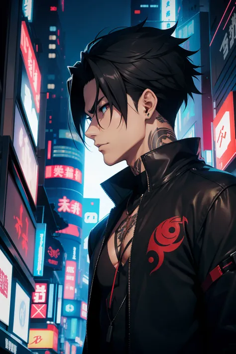 japanes,Low Angle Cyberpunk,animesque,Male number,newyork,manhattan,Fifth Avenue,Black clothe,Night city,Above the chest,Tattoo on the neck