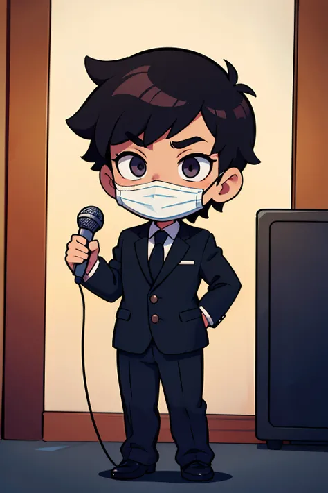 A little boy in black business clothes，standing on your feet，Full body photo，Q version，holding a mic, wearing a face mask