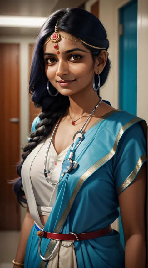 A portrait photo of an Indian Lady, a Doctor with a Stethoscope hanging from her neck, blueish background resembling hospital environment. Inside a hospital. Simple bangles in her hand and a Bindi. Simple silver ear rings in each ear and a red Bindi in her...