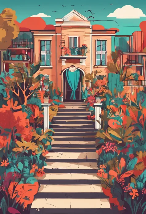 Illustration style，People look low on the perspective，Large botanical garden，There are colorful plants，There are many small gardens，There are several trails，There are a lot of seniors，There are seats for the seats，The background is community housing