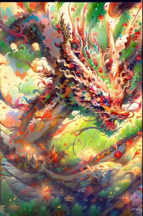 Best quality at best，tmasterpiece，超高分辨率，without humans，（The long：1.2），without humans，red eyes，horn，Huge body，with her mouth open，Skysky，Fang，Yellow-green Chinese dragon，surrounded by cloud，teeth，dragon claw，flight，Better flight attitude form，rich details​，...