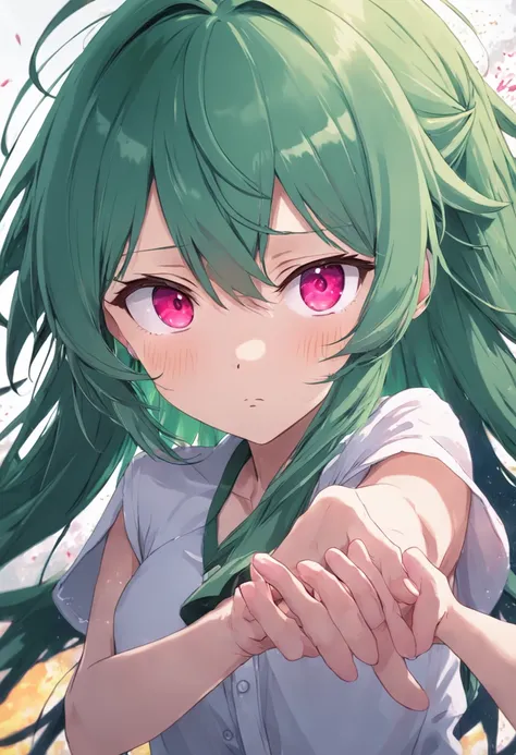 Anime girl holding hands with green hair and pink eyes, Inspired by small screenshots, trending on pixiv, auto-destructive art, visual novels CG, visual novel, ; visual novel, close up iwakura lain, higurashi, anime moe art style, in ryuuou no oshigoto art...