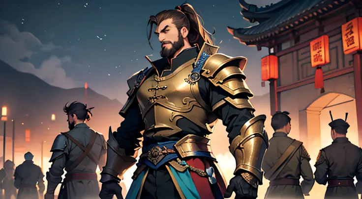 (4k, Best Picture Quality, A high resolution:1.1), (masterpiece:1.1), mtu, (Chinese male:1.2), Middle age, Ancient Chinese Battlefield，Big off-the-table，Candlelight in the night，dimly lit，mtu（Male Warrior），musculous，Burly figure，High ponytail hairstyle，Bro...