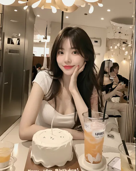 there is a woman sitting at a table with a cake and a drink, ulzzang, korean girl, 🤤 girl portrait, photo of slim girl, 19-year-old girl, a young asian woman, with long hair, a cute young woman, 18 years old, young asian girl, asian girl with long hair, go...