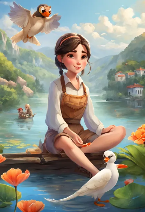 movie picture quality，Disney animation，Disney animated films，Little girl sitting on giant koi flying in the sky，Thick clouds，Short hair and small braids，Denim suspenders，The barefoot，depth of fields，high light，Real light，Ray traching，oc rendered，Hyper-real...