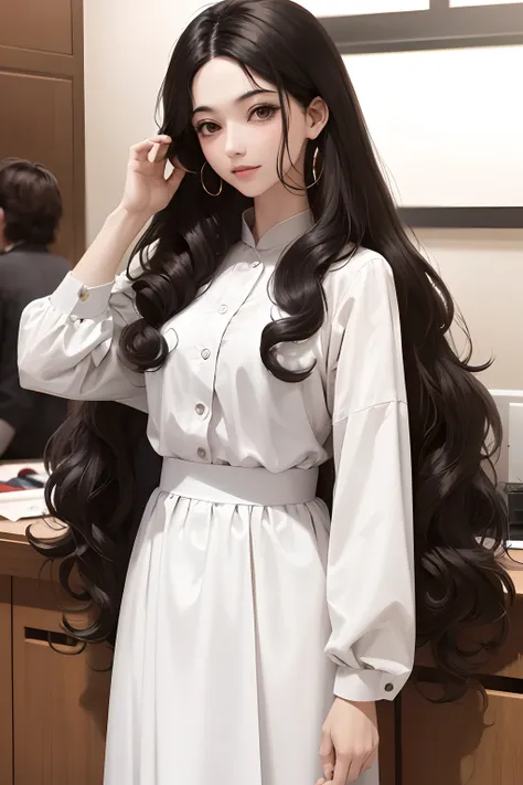 Long black hair，Wavy curly hair styling，OL（Office staff），white skinned，The upper part of the body，Asian people --auto