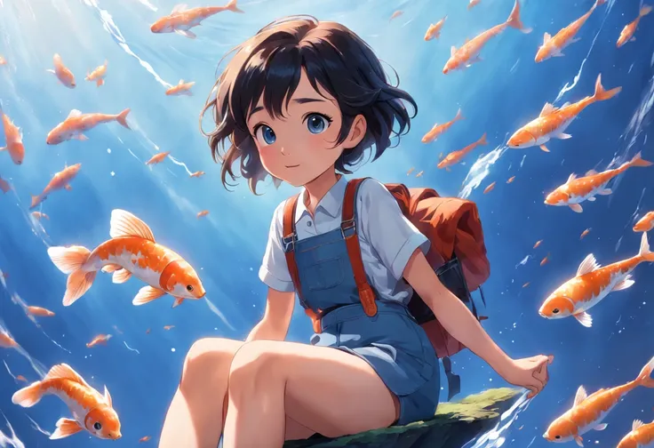 movie picture quality，Disney animation，Disney animated films，Little girl sitting on giant koi flying in the sky，Thick clouds，Short hair and small braids，Denim suspenders，The barefoot，depth of fields，high light，Real light，Ray traching，oc rendered，Hyper-real...