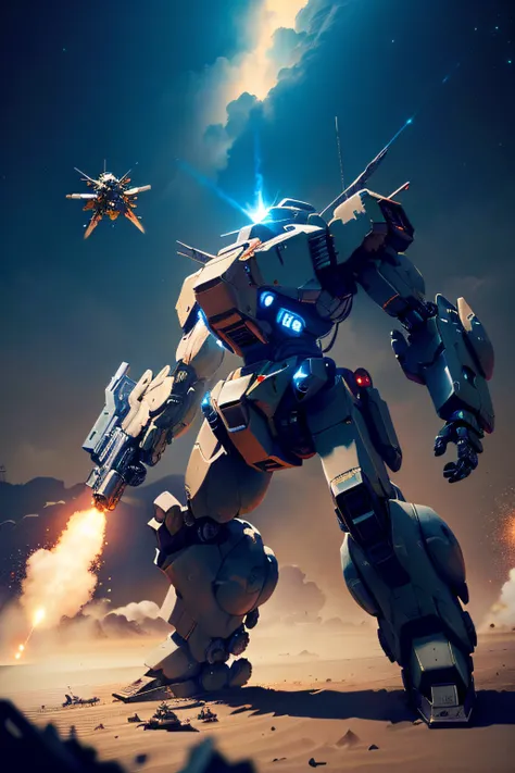 There is a robot firing rockets into the sky, soldiers and mech fight, battlemech, war mechs fighting, hard surface concept art, battlemech, mech machines firing bullets, battletech style, mech robot futuristic, Mecha, battletech, mecha art, Mech suit, spa...