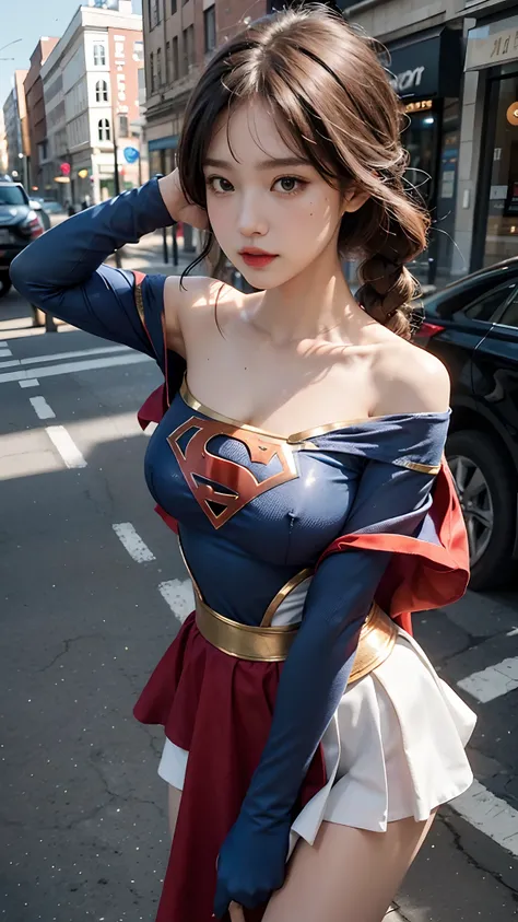 Woman body set big breasts，Supergirl costume dress，Cut clothes，Close-up，Off-the-shoulder attire，Charming，perfect bodies，the street