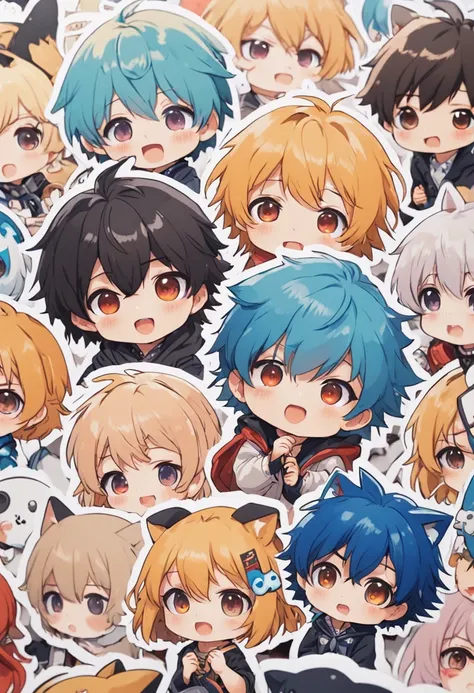 Close-up of a bunch of stickers，There is a different photo of a boy on it, a sticker, unused sticker sheet, Kawaii chibi, kawaii cutest sticker ever, Cute kawaii boy, Cute anime, Chibi anime boy, water color nendoroid, Cute anime style, Soft anime illustra...