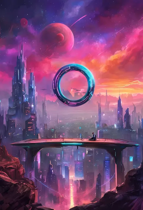 "Immersed in a cyberpunk-inspired, neon-drenched world, captivated by the surreal sight of a ring-shaped planet dominating the sky, filled with mesmerizing digital artistry."