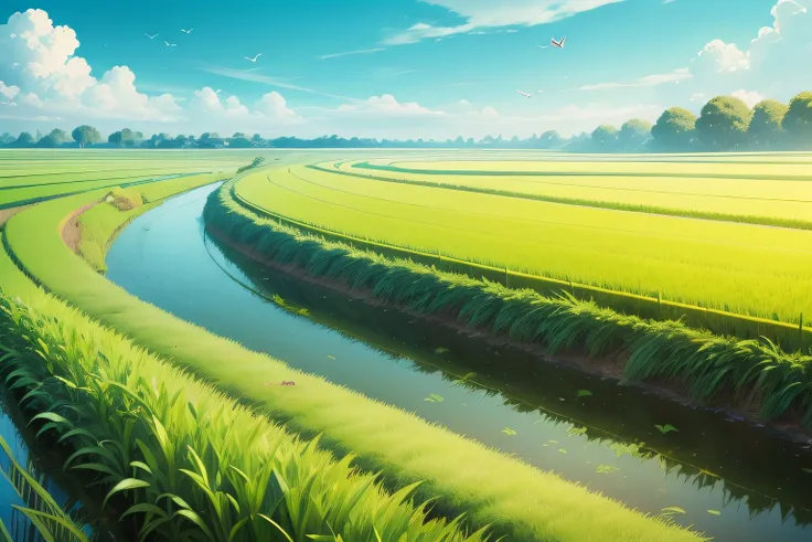 a ripe rice field, a few flying birds, blue sky clouds, sunny green field, green lawn, green dike, strong flowing water, cartoon style, drawing style, wacom