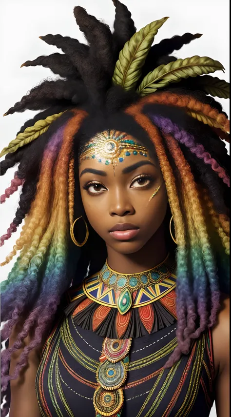 Deusa africana, beautiful face, luxuriant afro-textured messy rainbow hair, pele escura, Olhos heterocromiados, cabelo realmente cacheado