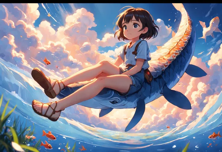 movie picture quality，Disney animation，Disney animated films，Little girl sitting on giant koi flying in the sky，Thick clouds，Short hair and small braids，Denim suspenders，The barefoot，depth of fields，high light，Real light，Ray traching，oc rendered，Hyper-real...