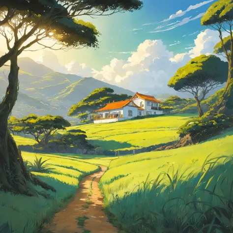 Uma pintura mostra um campo verde-amarelo，Casa de palha, outra de madeira e outra de tijolos pegando fogo，Um rio corre por ele，idyllic setting，branco e verde，seios grandes encantadores，Preciso e meticuloso，The organic flow lines of Art Nouveau，（NOhumans)