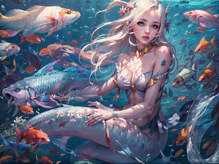 high details, best quality, 16k, RAW, [best detailed], masterpiece, best quality, (extremely detailed), full body, ultra wide shot, photorealistic, fantasy art, RPG art, D&D art, a picture of a mermaid swimming with koi fish under the sea, exqisite beautif...