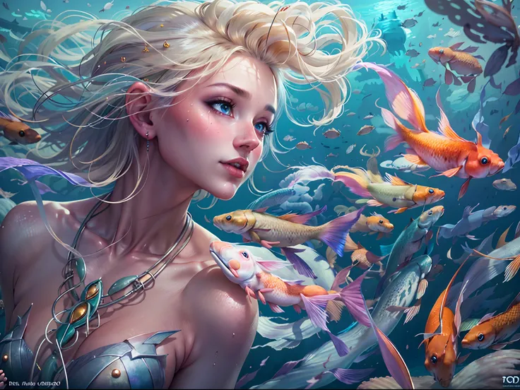 high details, best quality, 16k, RAW, [best detailed], masterpiece, best quality, (extremely detailed), full body, ultra wide shot, photorealistic, fantasy art, RPG art, D&D art, a picture of a mermaid swimming with koi fish under the sea, exqisite beautif...