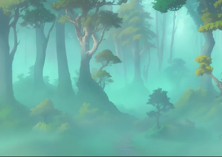 There is a painting，The painting is a forest，There are a lot of trees, avatar landscape, elf forest background, painted as a game concept art, 2 D game art background, soft forest background, sky forest background, scenery game concept art, vast forest, fa...