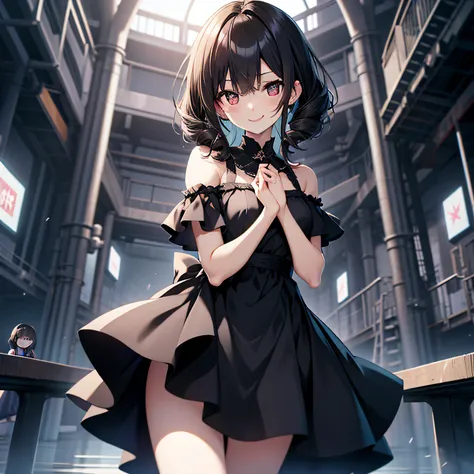 top-quality、extremely delicate and beautiful、one girls、（Drill Hair）、Bare_shoulders、Lori、Short dress、Short Black Dress、A smile、A dark-haired、Akame、is standing、Twin-tailed