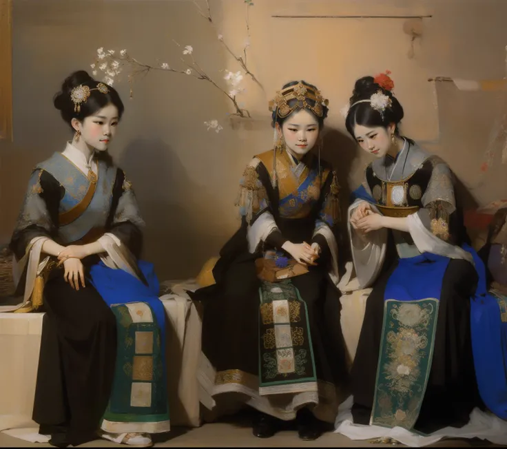 Classical Oil Painting Oil Painting Three Beauties Wearing National Costumes Rembrandt Light Integrity Interactivity Jewelry Details Chinese Oil Painting Luo Wenyong Oil Painting