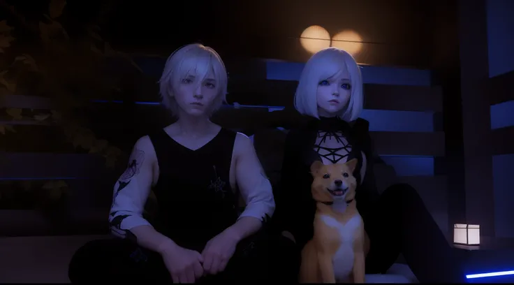 Anime characters sitting next to a dog in a dark room, 2 b, 2b, Gloomy and gloomy lighting, nier 2 b, Sasura, Avatar de Second Life, Nixeu y Sakimichan, escena espiritual, Segundo Vida, Gothic family, Poca luz, corona de (((White lasers))), Hidari y Vlop, ...