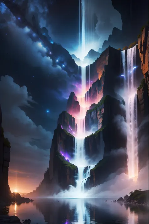 (Obra-prima), melhor qualidade, High resolution image, detalhes ultra-detalhados, stunning waterfall effect, luzes brilhantes, vivid reflections, cores vibrantes, atmosfera misteriosa, amplo enquadramento, Starry night sky, dramatic lighting effect