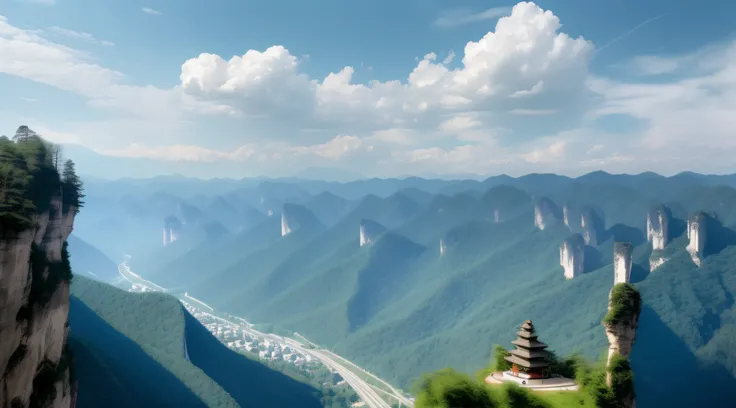 You can see the valley below, zhangjiajie national forest park, 8 k. filling of the view, zhangjiajie, mountainous background, Breathtaking landscapes, wide angle photo, mountain in background, mountain in background, wide angle landscape shot, mountainous...