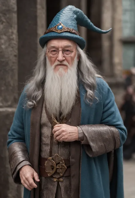 dumbledore，a old man，Big chest，wearing an outfit，Wearing crocodile dragon armor，Wearing a crocodile head hat，muscle men， Man ，Wear half-moon glasses，Realiy，，Blue whale in hand，Full body photo