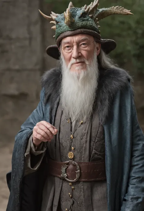 dumbledore，a old man，Big chest，wearing an outfit，Wearing crocodile dragon armor，Wearing a crocodile head hat，muscle men， Man ，Wear half-moon glasses，Realiy，，Blue whale in hand，Full body photo