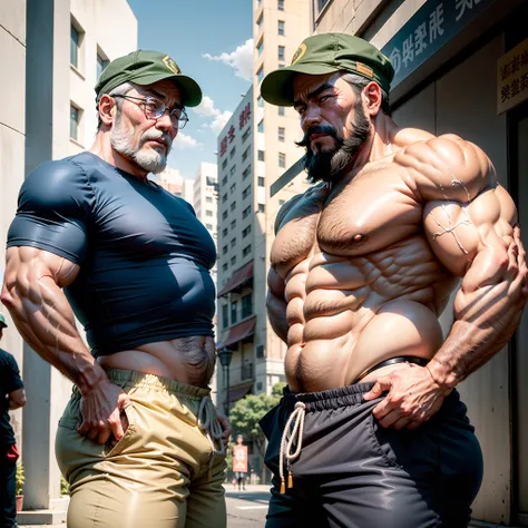 Two 50-year-old Chinese workers, bearded and muscular men with strong thighs, work in a square on a sunny day，The crotch is large and raised，Ruddy complexion，Shyness blush，The whole body is bruised，perspire