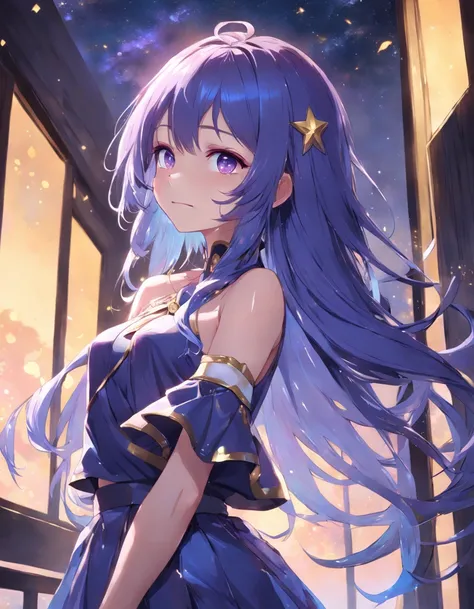 A girl with long purple gradient blue hair standing at the window，hands behind body，Smile at the camera，Golden eyes shining with starlight，Guweiz in Pixiv ArtStation, trending on artstation pixiv, style of anime4 K, Guweiz on ArtStation Pixiv, zerochan art...