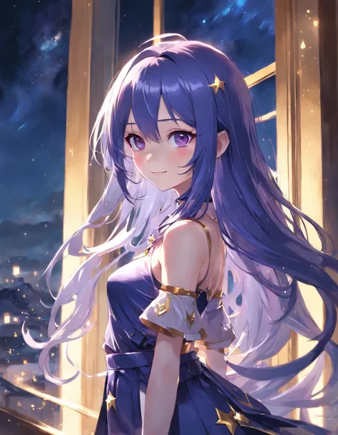 A girl with long purple gradient blue hair standing at the window，hands behind body，Smile at the camera，Golden eyes shining with starlight，Guweiz in Pixiv ArtStation, trending on artstation pixiv, style of anime4 K, Guweiz on ArtStation Pixiv, zerochan art...