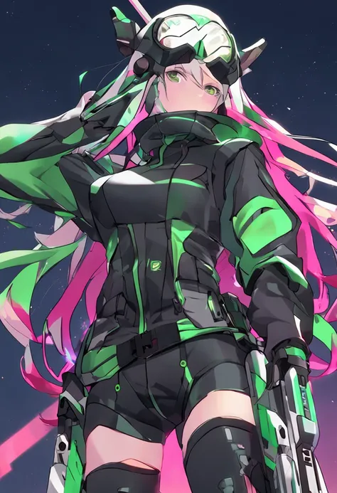 assault rifle、Long sideburns、Beautiful anime style girl all over, clean detailed faces, Cyber,analogous colors, Glowing shadow, beautiful gradation, Depth of field, Clean image, High quality,Black hoodie outfit、 High detail, High definition, Blush, coalesc...