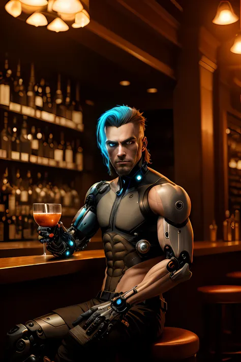 Cyberpunk man with cybernetic arms sitting at a bar