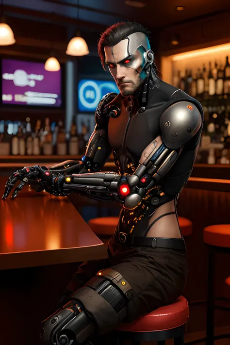 Cyberpunk man with cybernetic arms sitting at a bar