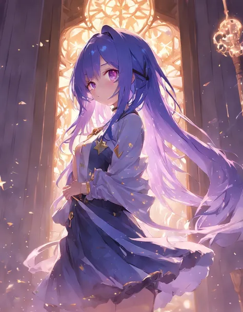 A girl with long purple gradient blue hair stands in front of the window，hands behind body，Smile at the camera，Golden eyes shining with starlight，Guweiz in Pixiv ArtStation, trending on artstation pixiv, style of anime4 K, Guweiz on ArtStation Pixiv, zeroc...