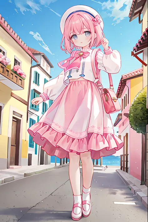 A girl stands in a Mediterranean port town, wearing balloon sleeves, long sleeves, white round neck vest, pink small leather shoes, one hand raised by Biye