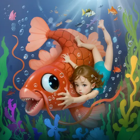 tmasterpiece,High quality a little girl in a blue swimsuit,Brown hair,Holding a large red lithium fish,The background is a gorgeous marine world,There are corals and marine life,Illustration picture book style,Movie lighting,4K