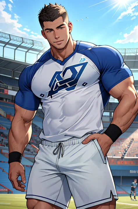 Draw a full-fledged athlete，Stand on the central field of the gym，He wears high-end sportswear，The man looks confident and determined，rays of sunshine，cheerful big breasts，Handsome，Crew cut，full bodyesbian，shooting from below，