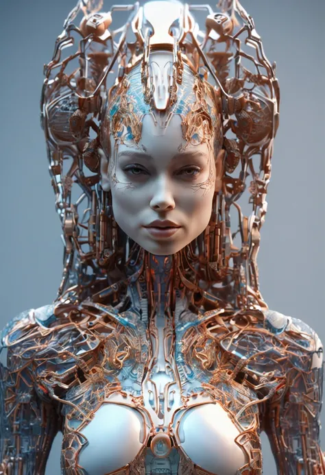 Beautiful young woman with intricate Art Nouveau design carved on her porcelain doll-like body. Embedded light-emitting cybernetic circuitry, Vibrant, realistic eyes looking at the camera. 50 millimeters, High contrast, Clean,vibrant, high resolution, Fron...