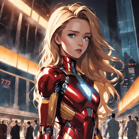 A captivating analog style raw portrait of a model (Jessica Alba or Amber Heard) as Ironman wearing an elegant and stylish Calvin Klein designed costume made of flimsy nylon.