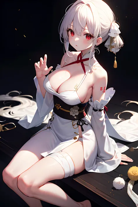 bandages， 1girll， nedium breasts， 独奏，big cleavage breasts， looking at viewert， simple backgound， white backgrounid， sleeves past wrists， sitted， exposed bare shoulders， The hair is between the eyes， Separate the sleeves， 鎖骨， Be red in the face， The barefoo...