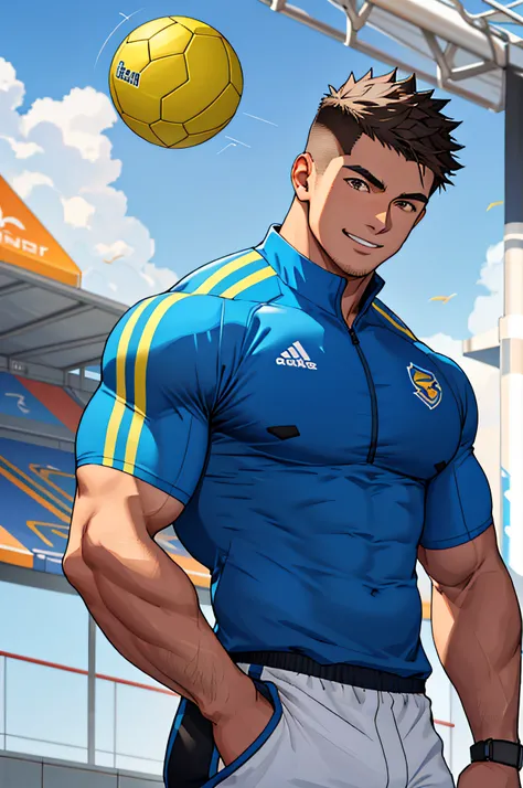 Draw a full-fledged athlete，Stand on the central field of the gym，He wears high-end sportswear，The man looks confident and determined，rays of sunshine，cheerful big breasts，Handsome，Crew cut，full bodyesbian，shooting from below，