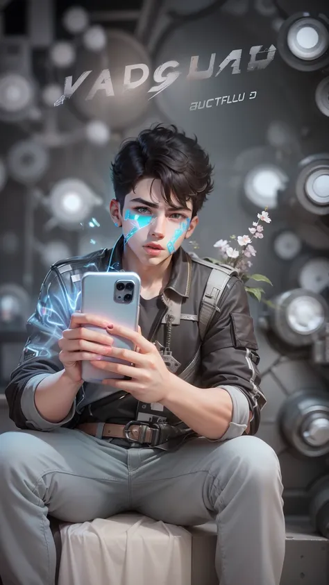 Boy With Phone futuristic background realistic face 8K ultra high quality Hd