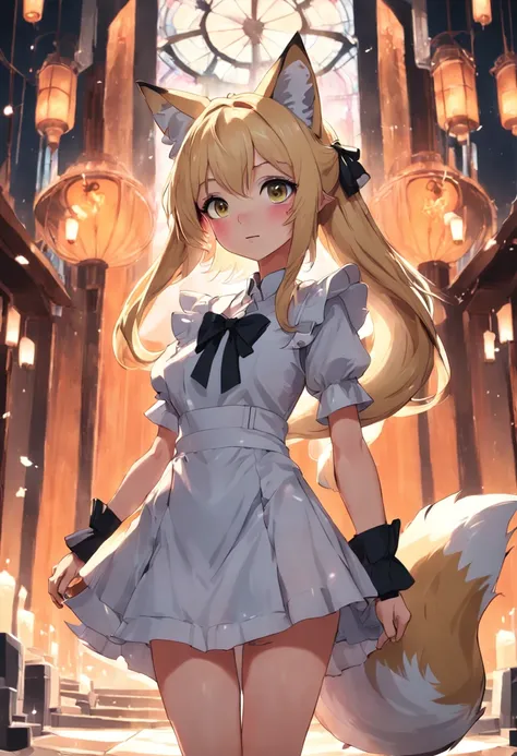 blond hairbl，Fox ear lady，the maid outfit，teens girl，quadratic element，36D，ssmile