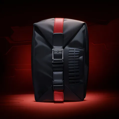 there is a red and black bag with a black and red strap, official product photo, black steel with red trim, official product image, it has a red and black paint, square backpack, full product shot, eye - level view, product photo, full front view, covering...