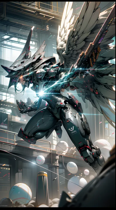 ((Best quality)), ((masterpiece)), (highly detailed:1.3), 3D, beautiful, (cyberpunk:1.2), in space, nebula, holding_weapon, (1Female mecha:1.3), facing the viewer, glowing eyes, full body, (flying, swooping down, dynamic, motion blur: 1.4), (huge mecha win...