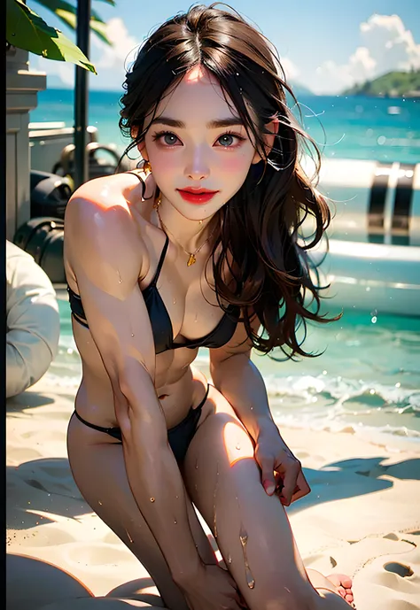 ((Best Quality)),(photo realistic),Beach,((beautiful Japanese lady)), (young),1woman,((Ecstasy)),(Smile),(Red Lip),(blush:1.2),(Detailed beautiful eyes),(narrow face:1.2),(droopy eyes:1.2),(large iris),(brown eyes:1.3),thick eyebrows, straight eyebrows,Loo...