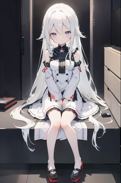 Anime girl with long white hair sitting on black surface, an anime drawing by Shitao, Pisif, Process art, loli in dress, cute anime waifu in a nice dress, Smooth anime CG art, nightcore, Pisif 3DCG, trending on artstation pixiv, azur lane style, style of a...